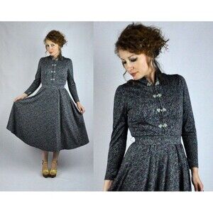 Vintage Asian WOOL Floral Dress Frog Closures Buttons Korean Mandarin Neck S M